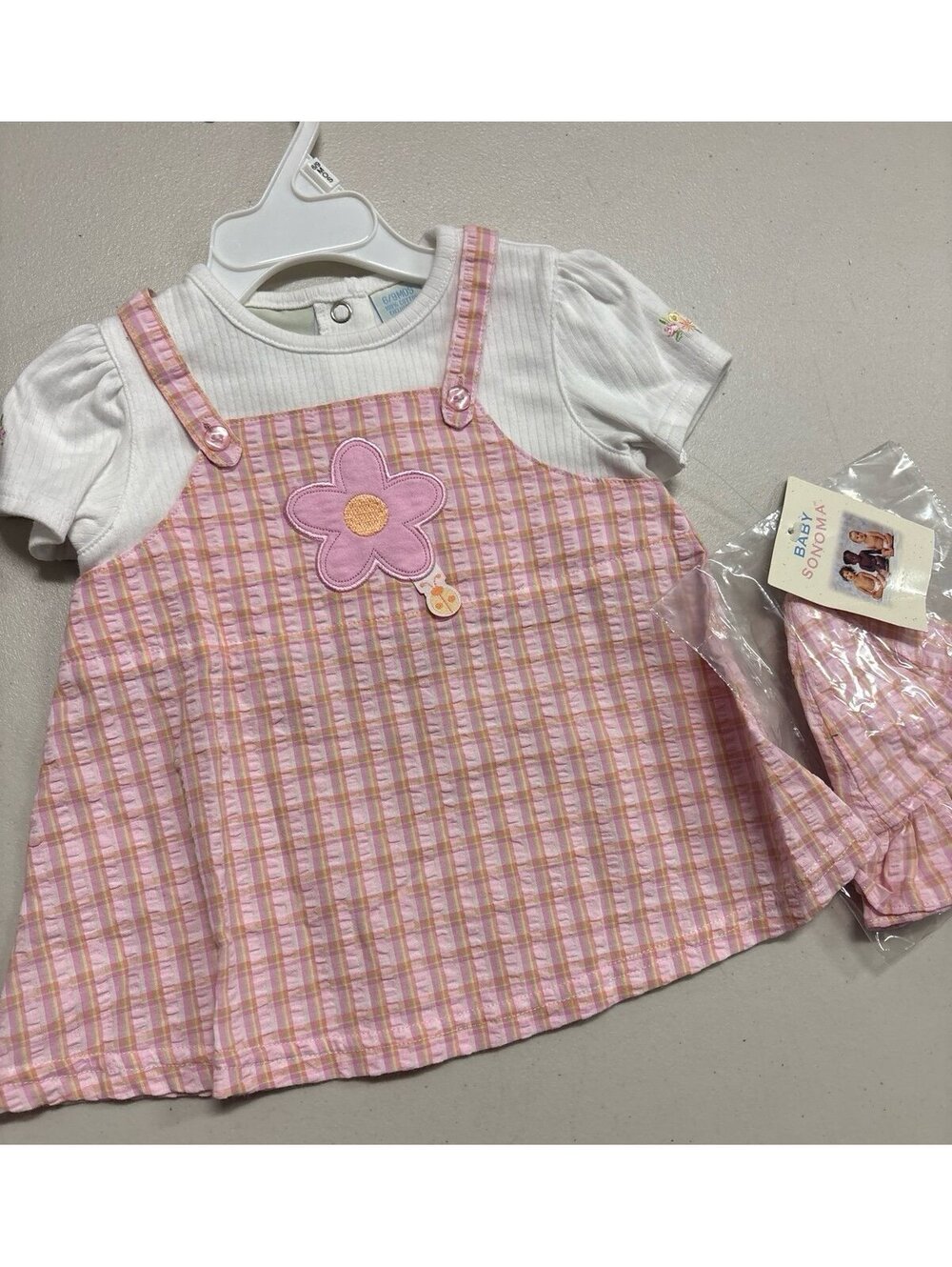 Baby Sonoma NWT Pink Gingham 3-Piece Set Jumper Bloomers Flower Appliqué